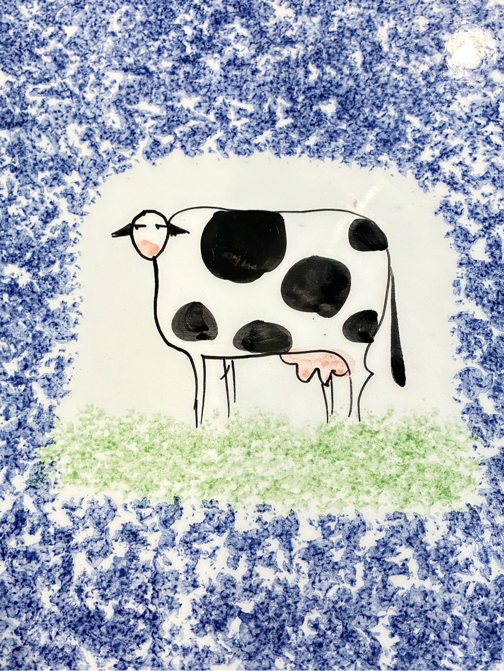 Vintage Italian Majolica Hand-Painted Cow Ceramic Trivet / Tile – Blue Sponge
